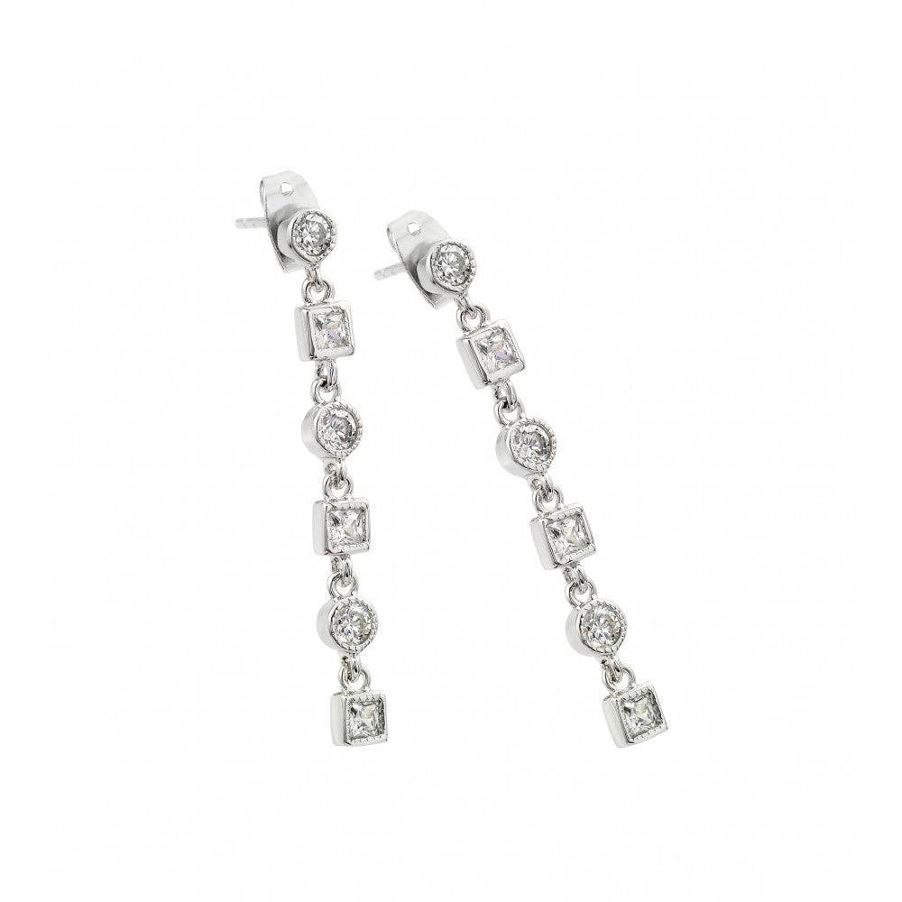 Silver 925 Rhodium Plated Round and Square Clear CZ Dangling Stud Earrings - BGE00416 | Silver Palace Inc.