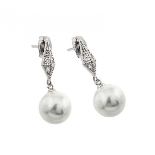 Silver 925 Rhodium Plated CZ Dangling Pearl Stud Earrings - BGE00419 | Silver Palace Inc.