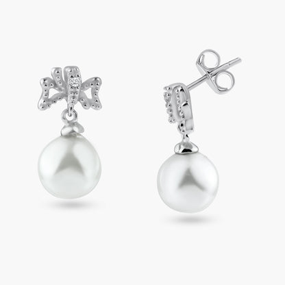 Silver 925 Rhodium Plated Ribbon CZ Hanging Pearl Stud Earrings - BGE00421