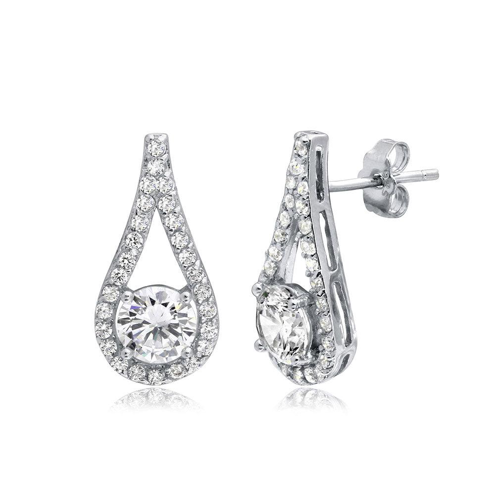 Silver 925 Rhodium Plated CZ Encrusted Open Teardrop Earrings - BGE00496 | Silver Palace Inc.