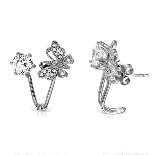 Silver 925 Rhodium Plated Butterfly with CZ Topped with Round CZ Earrings - BGE00511 | Silver Palace Inc.