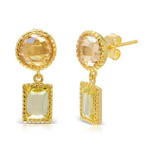 Silver 925 Gold Plated Champagne Round CZ with Dangling Green Cushion CZ - BGE00523 | Silver Palace Inc.