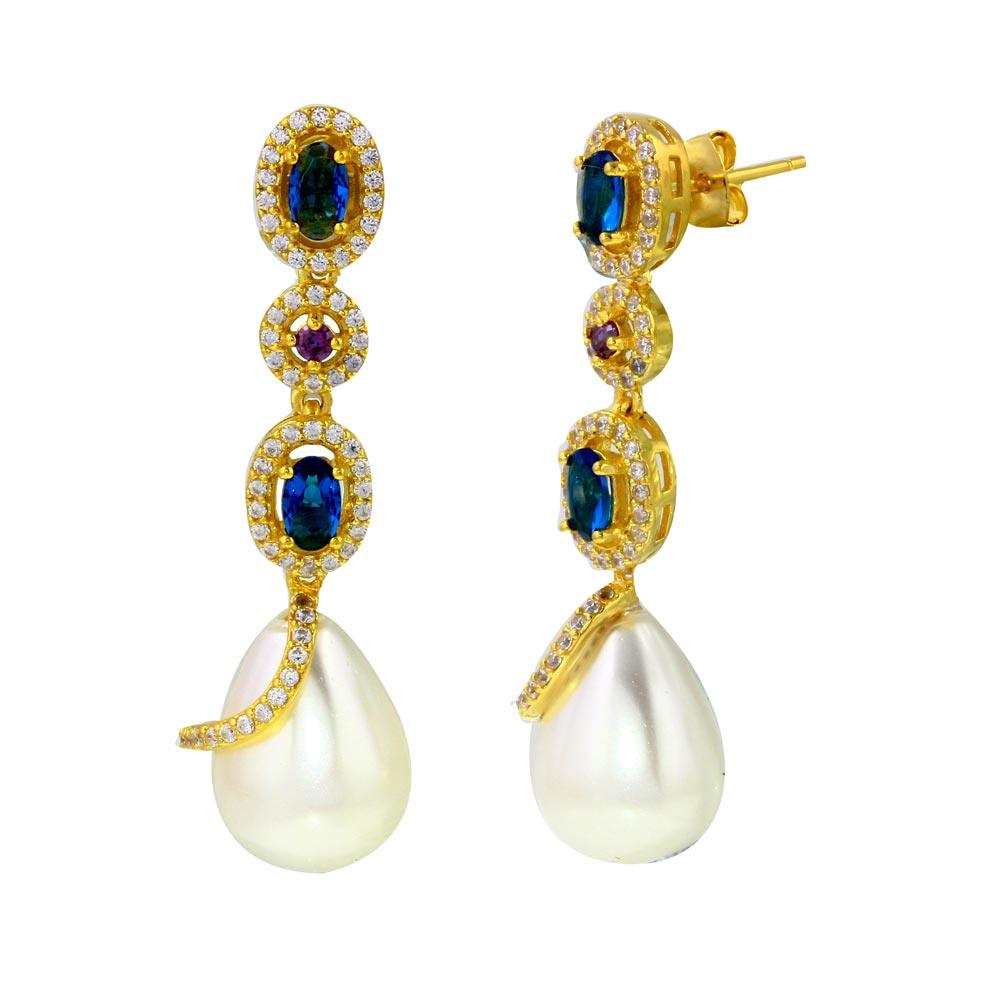 Silver 925 Gold Plated Multi Color CZ Dangling Earring with CZ Wrapped Synthetic Pearls - BGE00544