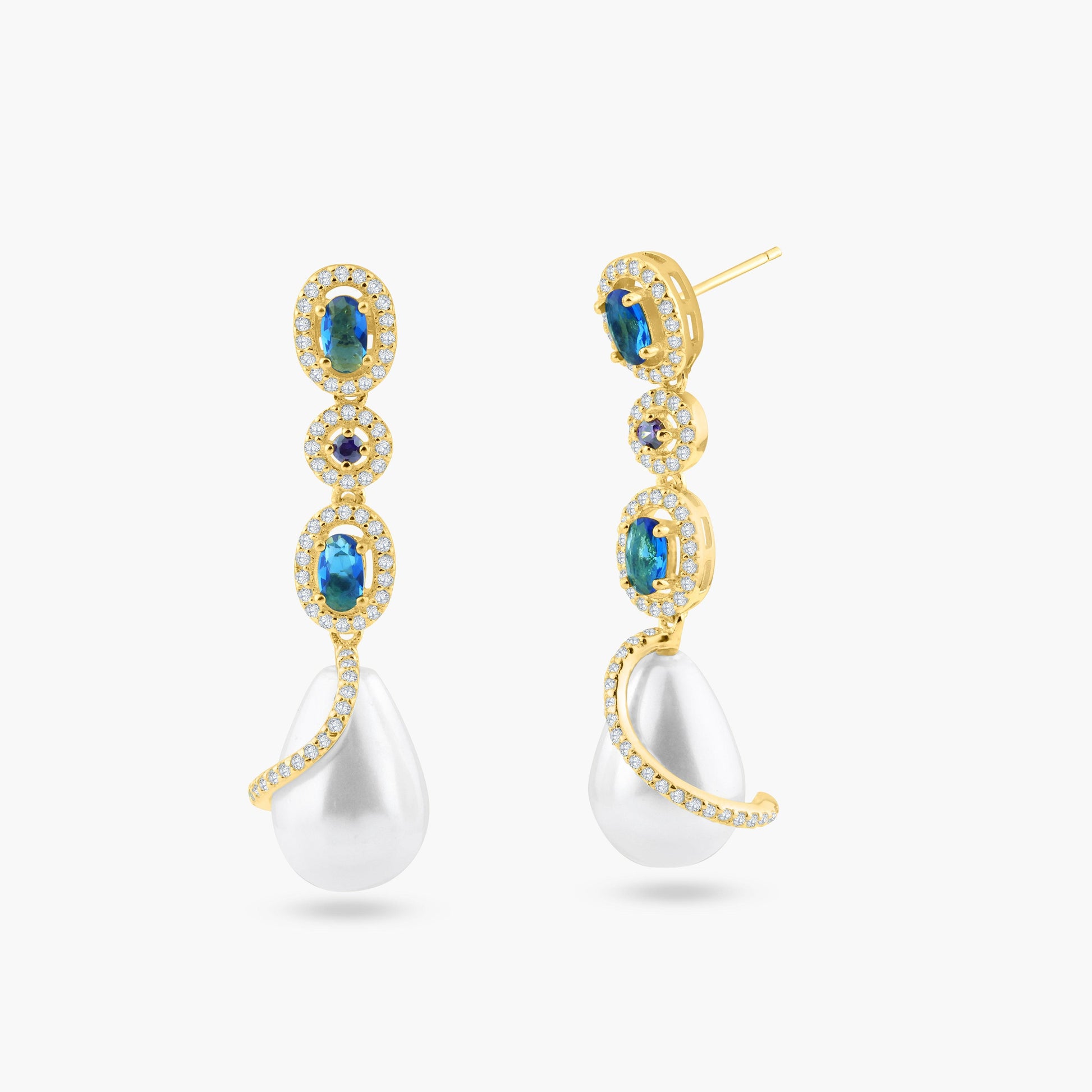 Silver 925 Gold Plated Multi Color CZ Dangling Earring with CZ Wrapped Synthetic Pearls - BGE00544 | Silver Palace Inc.