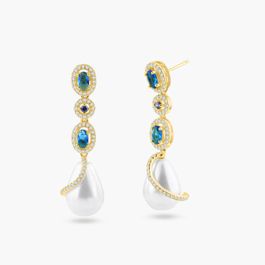 Silver 925 Gold Plated Multi Color CZ Dangling Earring with CZ Wrapped Synthetic Pearls - BGE00544 | Silver Palace Inc.