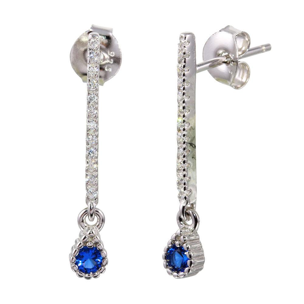 Silver 925 Rhodium Plated Blue CZ Bar Drop Earrings - BGE00557BLU | Silver Palace Inc.