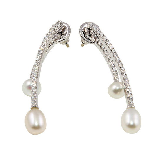 Silver 925 Rhodium Plated Freshwater Pearl Drop Earrings with CZ - BGE00558 | Silver Palace Inc.