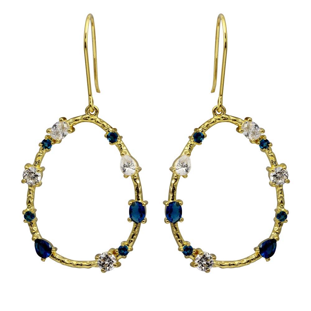 Silver 925 Gold Plated Open Oval Dangling Earrings with Blue and Clear CZ - BGE00581 | Silver Palace Inc.