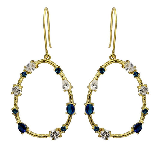 Silver 925 Gold Plated Open Oval Dangling Earrings with Blue and Clear CZ - BGE00581 | Silver Palace Inc.