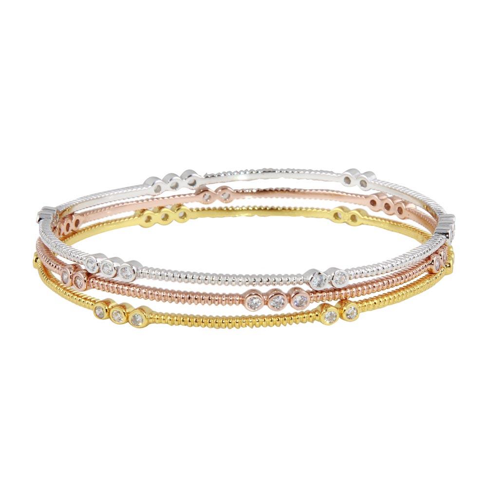 Silver 925 Rhodium Plated Five Toned Three CZ Bangle Bracelet - BGG00022 | Silver Palace Inc.