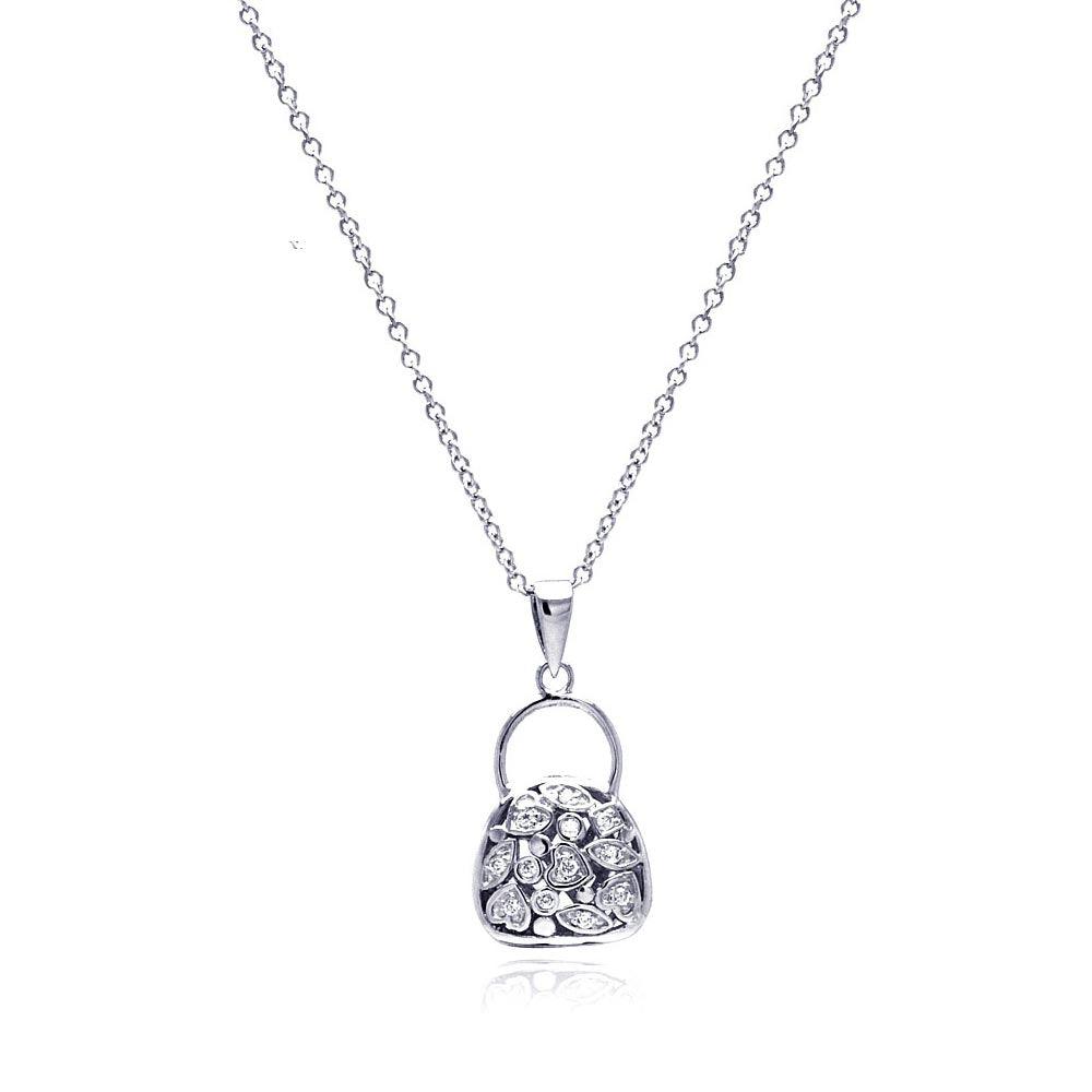 Closeout-Silver 925 Clear CZ Rhodium Plated Purse Pendant Necklace - BGP00082 | Silver Palace Inc.