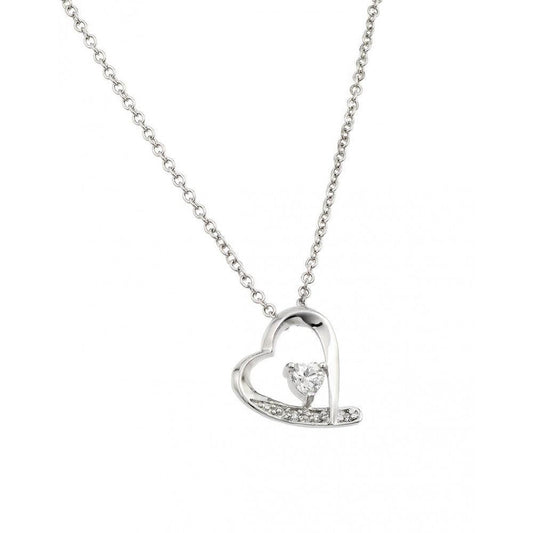 Silver 925 Clear CZ Rhodium Plated Heart Pendant Necklace - BGP00133 | Silver Palace Inc.
