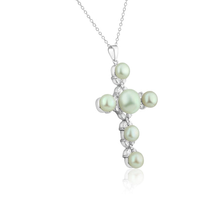 Silver 925 Rhodium Plated Cross CZ Pearl Necklace - BGP00302