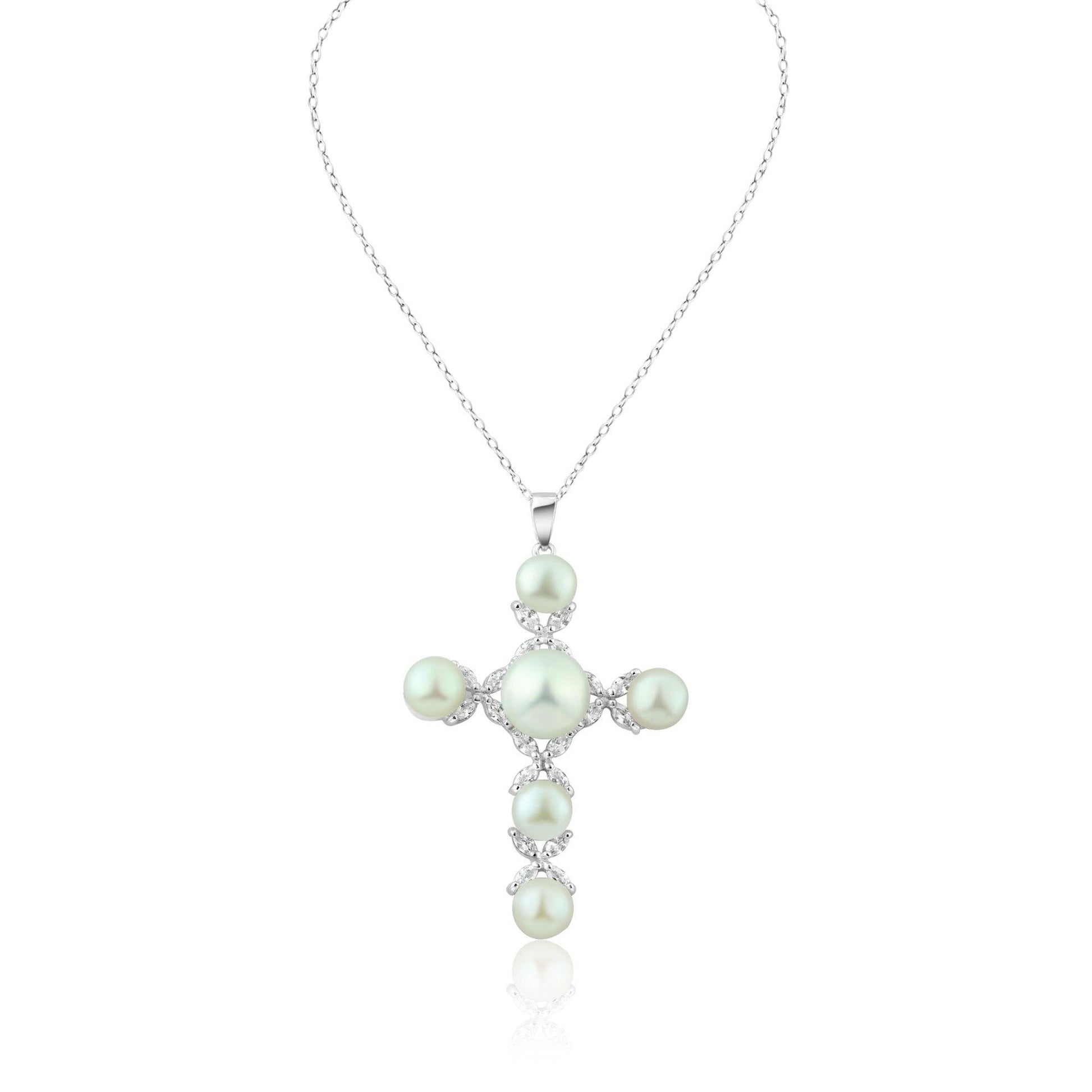Silver 925 Rhodium Plated Cross CZ Pearl Necklace - BGP00302 | Silver Palace Inc.