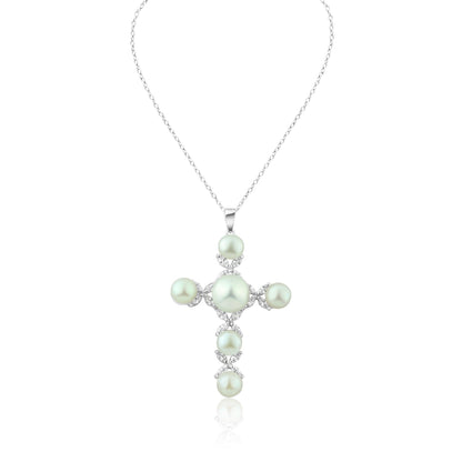 Silver 925 Rhodium Plated Cross CZ Pearl Necklace - BGP00302 | Silver Palace Inc.