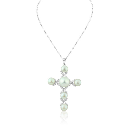 Silver 925 Rhodium Plated Cross CZ Pearl Necklace - BGP00302 | Silver Palace Inc.