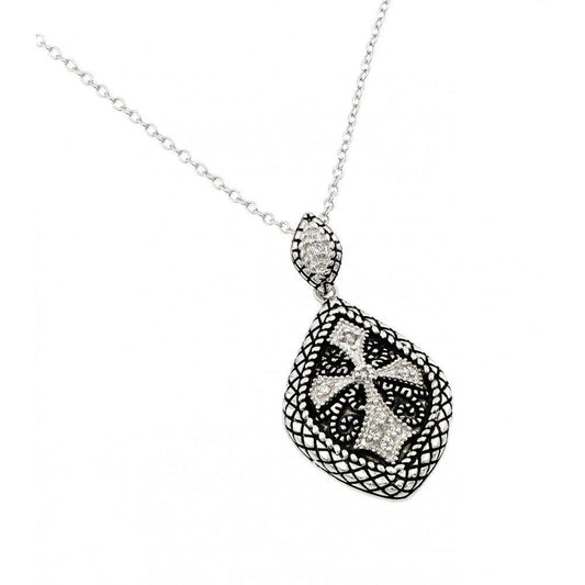 Silver 925 Black and Rhodium Plated Marquis Inner Cross CZ Necklace - BGP00521 | Silver Palace Inc.