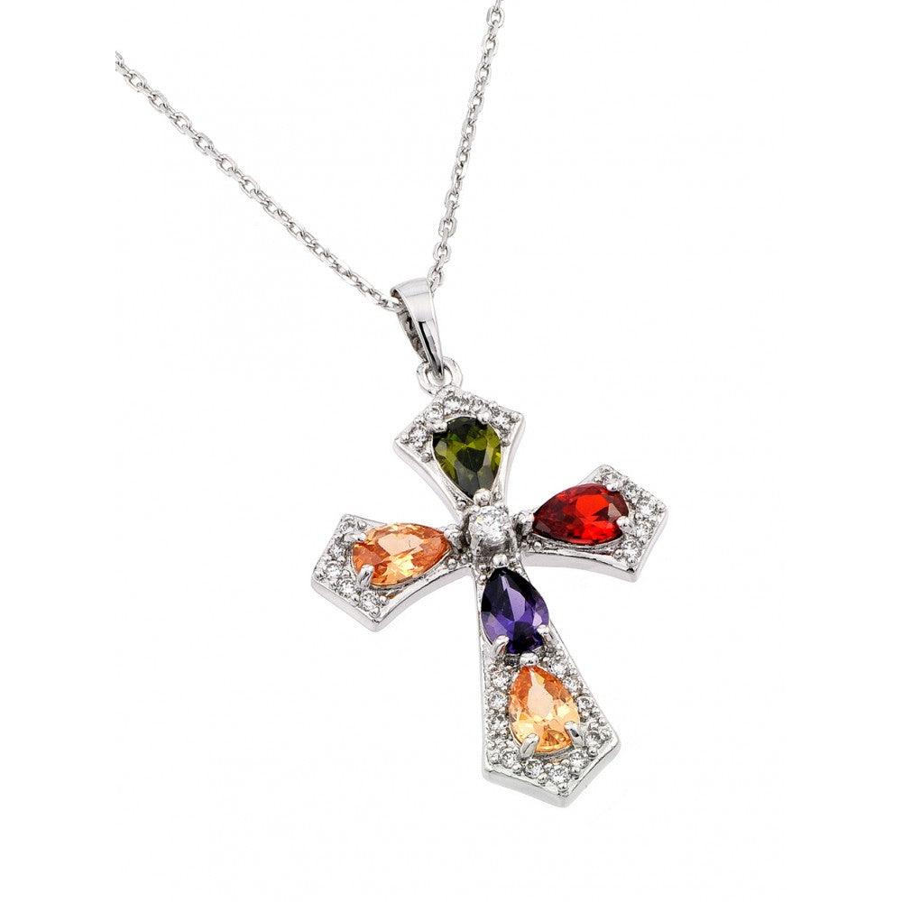 Silver 925 Rhodium Plated Multiple Color Teardrop Cross CZ Necklace - BGP00658 | Silver Palace Inc.