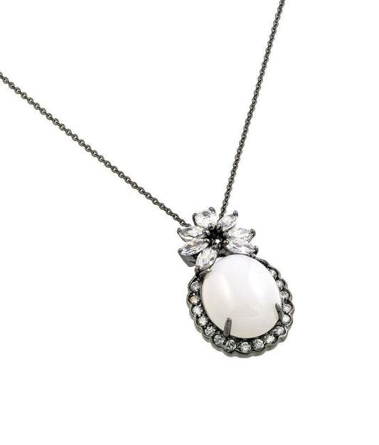 Closeout-Silver 925 Rhodium Plated Flower Black and Clear CZ Center Pearl Necklace - BGP00709 | Silver Palace Inc.