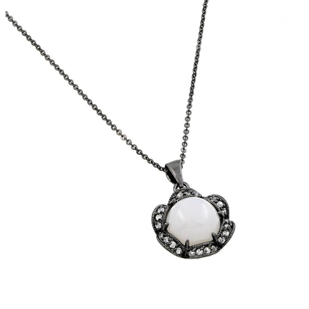 Closeout-Silver 925 Black Rhodium Plated CZ Inlay Center Pearl Necklace - BGP00710 | Silver Palace Inc.