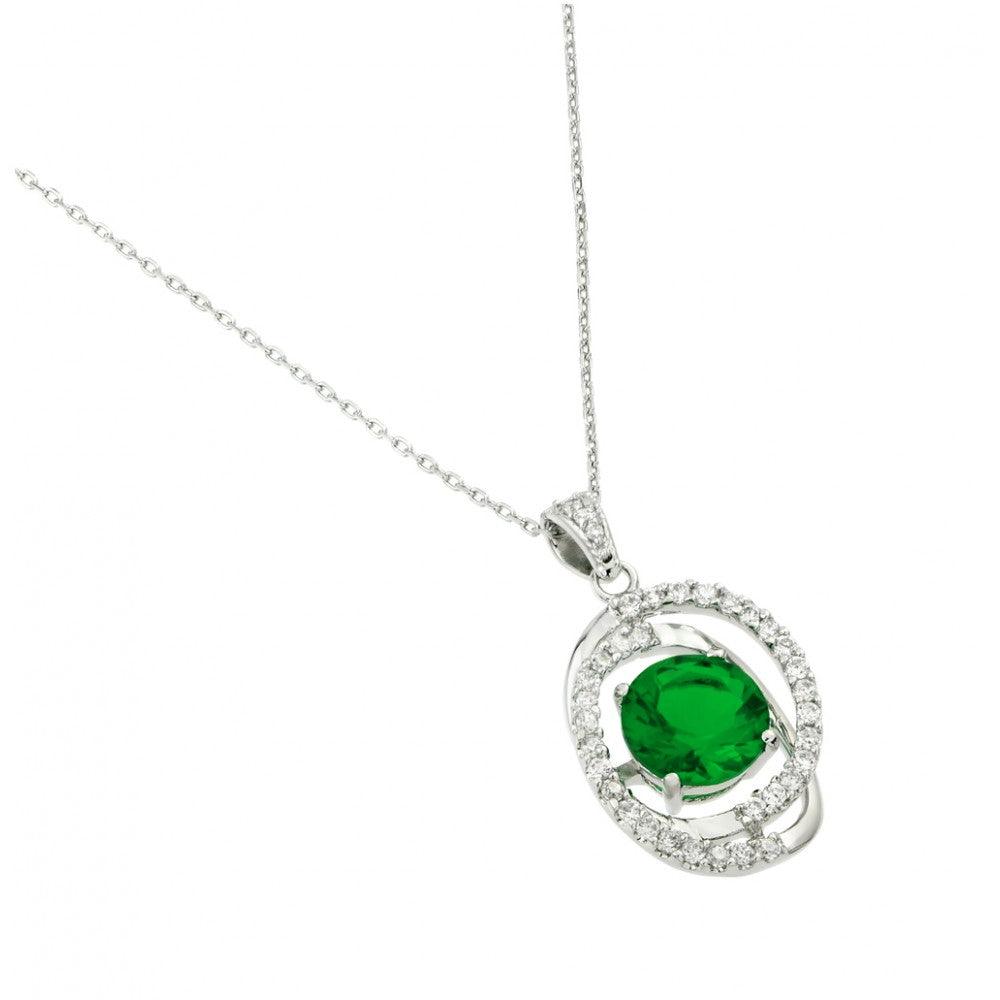 Silver 925 Rhodium Plated Green CZ Circle Pendant - BGP00724 | Silver Palace Inc.