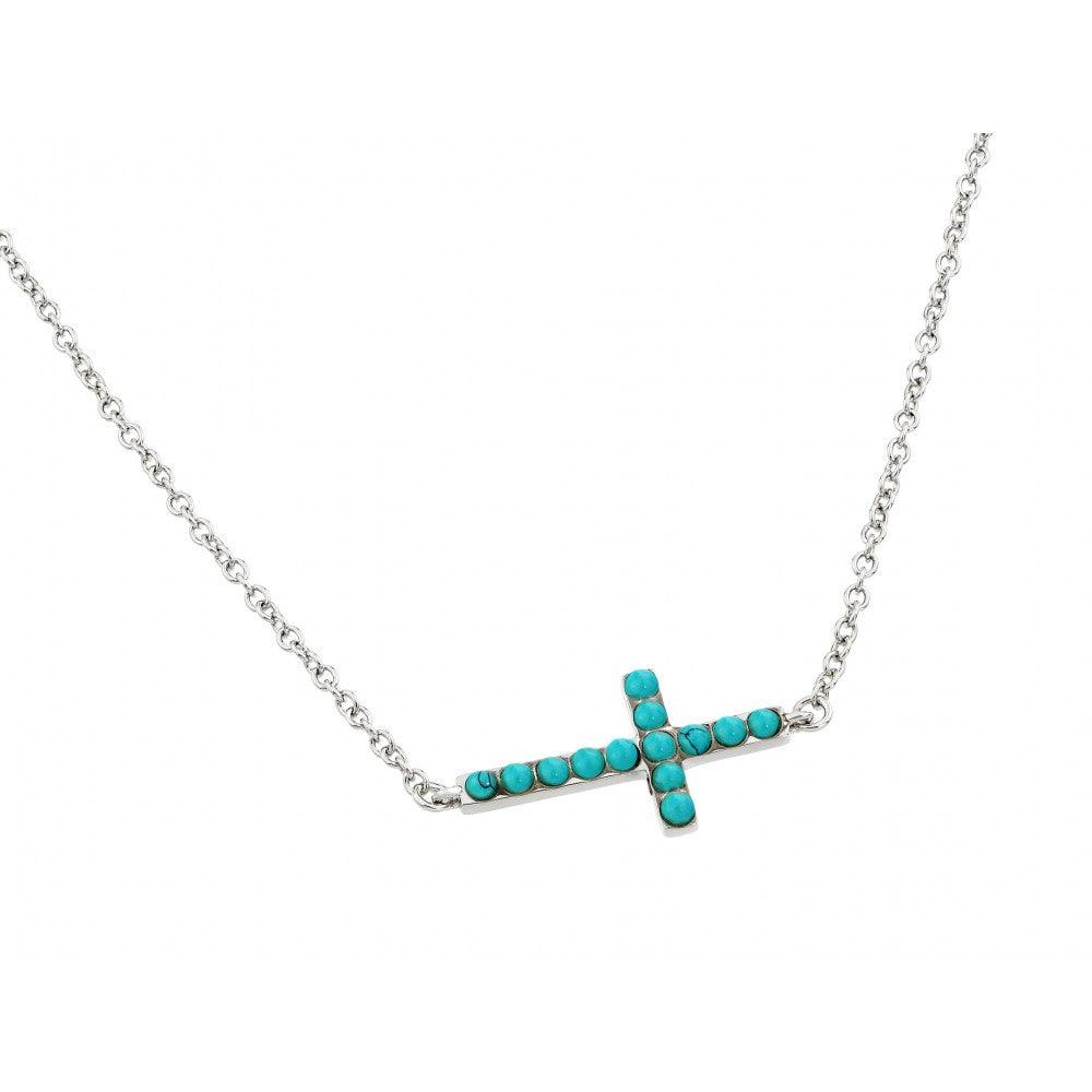 Silver 925 Rhodium Plated Sideways Cross with Turquoise Stones Pendant Necklace - BGP00833 | Silver Palace Inc.