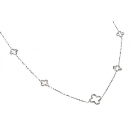 Silver 925 Rhodium Plated Clear CZ Open Four Leaf Flower Clover Pendant Necklace - BGP00923 | Silver Palace Inc.