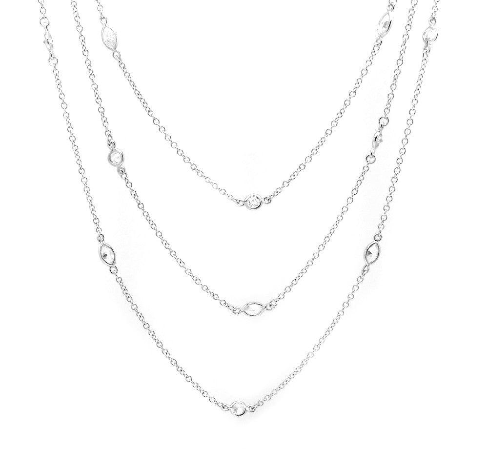 Silver 925 Rhodium Plated Round and Marquise Clear CZ 3 Row Necklace - BGP00929 | Silver Palace Inc.