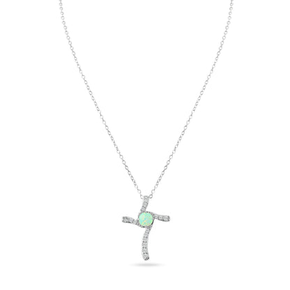 Silver 925 Rhodium Plated Round Opal Clear CZ Cross Pendant Necklace - BGP01051