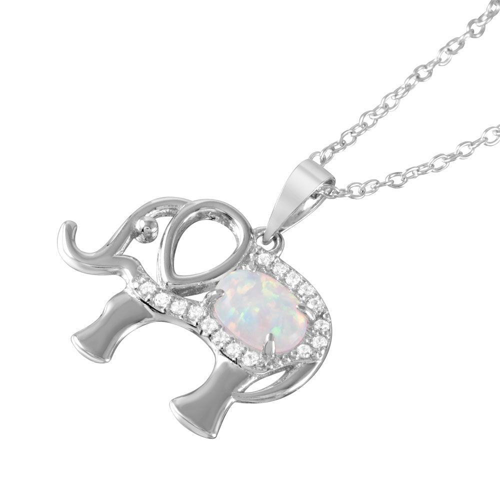 Silver 925 Rhodium Plated Opal Clear CZ Elephant Pendant Necklace - BGP01056 | Silver Palace Inc.