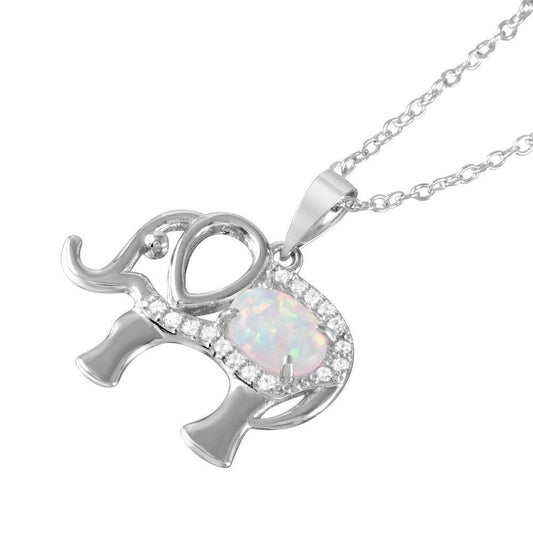Silver 925 Rhodium Plated Opal Clear CZ Elephant Pendant Necklace - BGP01056 | Silver Palace Inc.