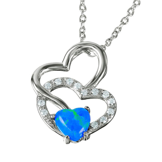 Silver 925 Double Open Heart with Synthetic Blue Opal and CZ Necklace - BGP01066 | Silver Palace Inc.