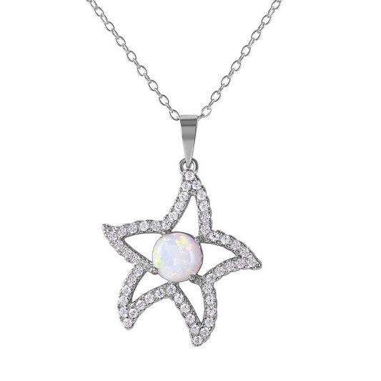 Silver 925 Rhodium Plated CZ Open Starfish with White Center Stone Necklace - BGP01073WHT | Silver Palace Inc.