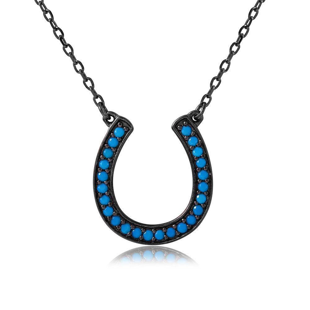 Silver 925 Black Rhodium Plated Turquoise Stone Horse Shoe Necklace - BGP01113 | Silver Palace Inc.