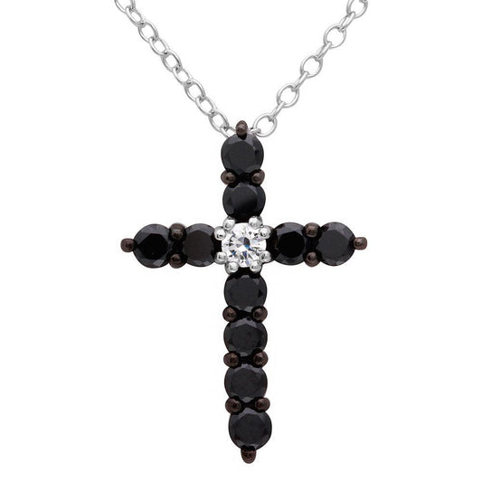 Silver 925 Rhodium Plated Black CZ Cross Necklace - BGP01120 | Silver Palace Inc.