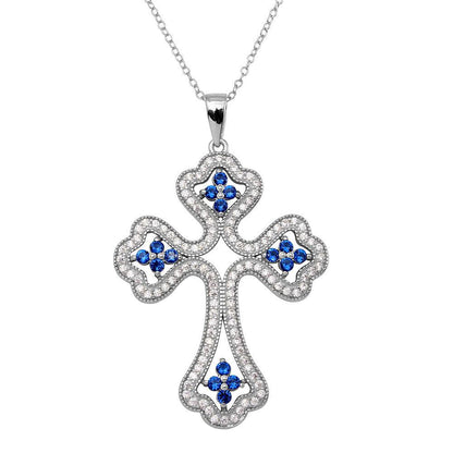 Silver 925 Rhodium Plated Clear and Blue CZ Encrusted Open Cross Necklace - BGP01141BLU