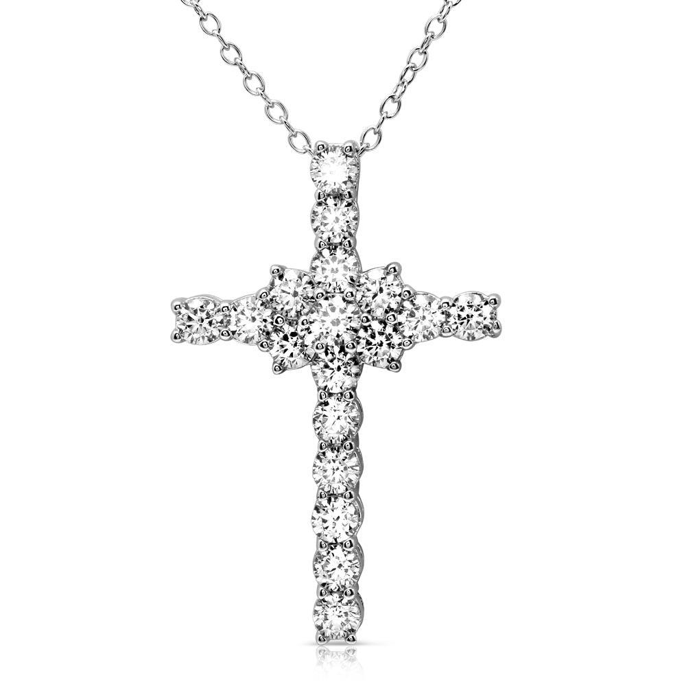 Silver 925 Rhodium Plated Cross Necklace with Round CZ - BGP01165 | Silver Palace Inc.