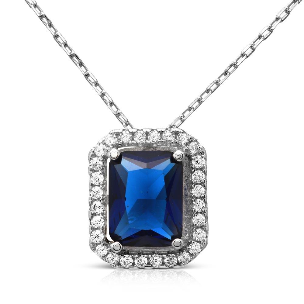 Silver 925 Rhodium Plated Blue Square Halo Pendant - BGP01174BLU | Silver Palace Inc.