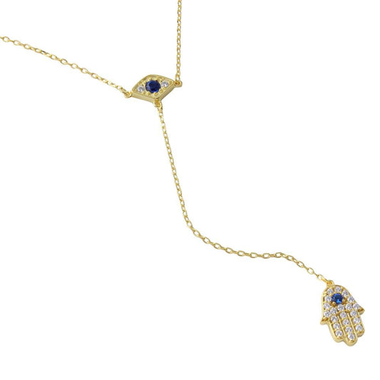 Silver 925 Gold Plated Evil Eye with Dropped Hamsa and CZ - BGP01175GP | Silver Palace Inc.