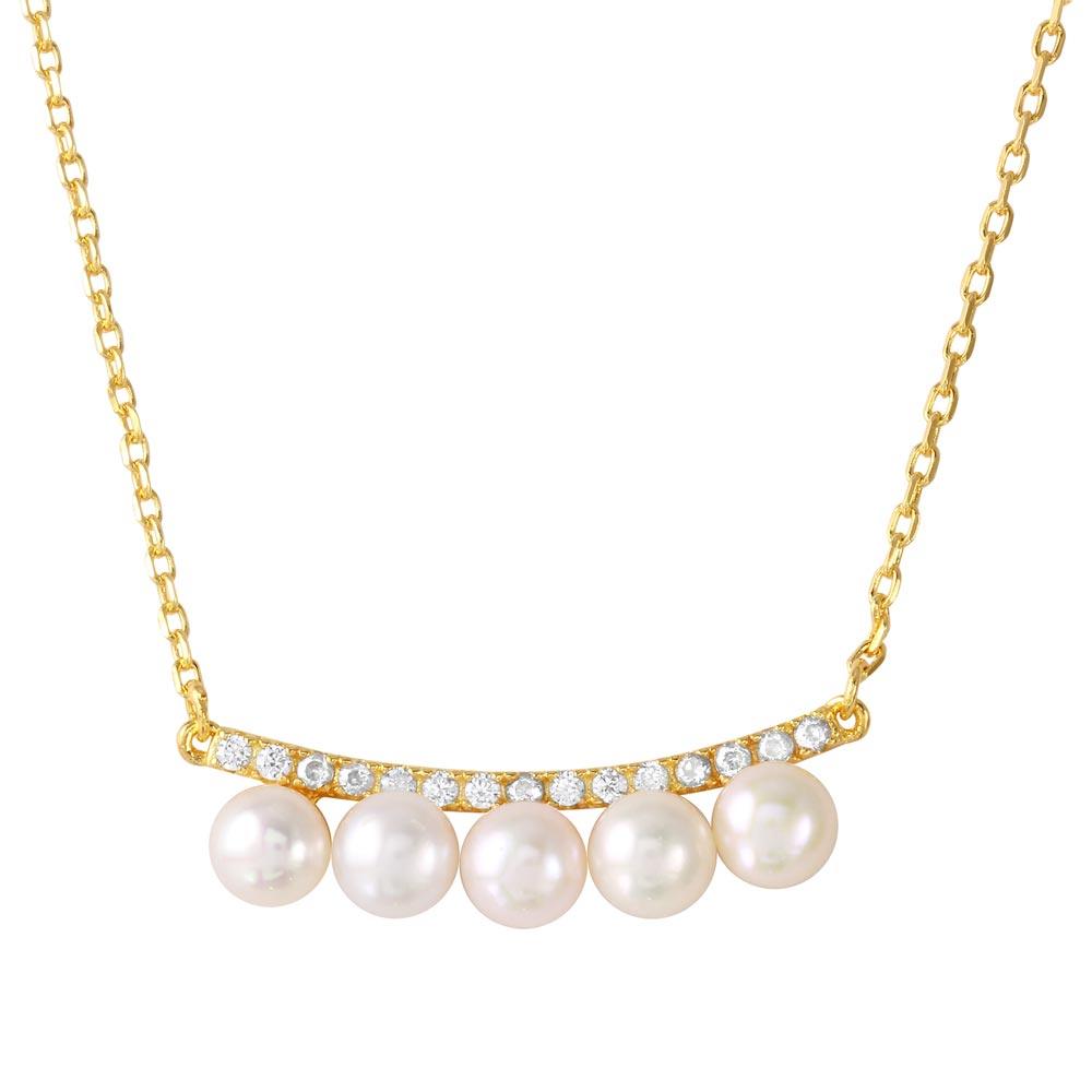 Silver 925 Curved Bar with CZ and Hanging Fresh Mother of Pearl Necklace - BGP01181