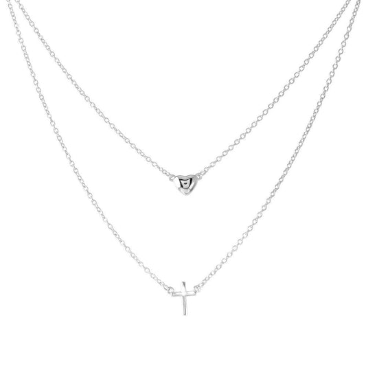 Silver 925 Rhodium Plated Double Strand Heart and Cross Necklace - BGP01198 | Silver Palace Inc.