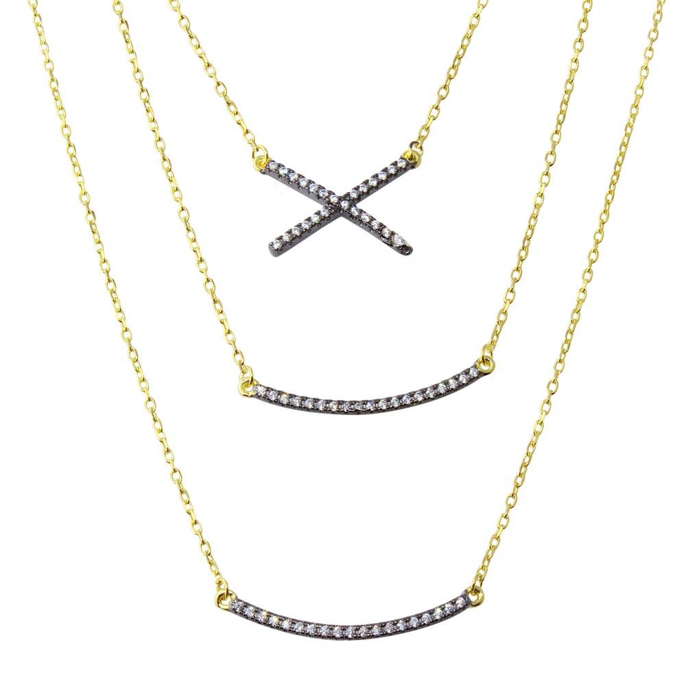 Silver 925 Gold Plated Triple Strand Necklace with CZ Curved Bar and CZ X - BGP01213 | Silver Palace Inc.