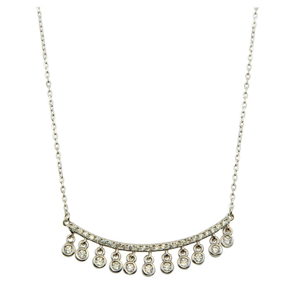 Silver 925 Rhodium Plated Curved Bar Necklace with Dangling CZ Stones - BGP01225 | Silver Palace Inc.