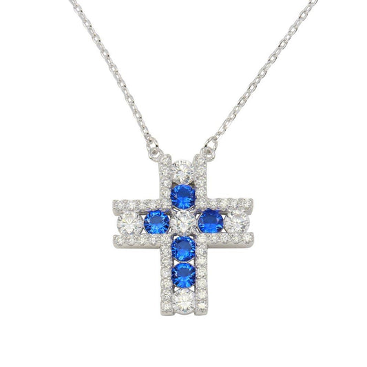 Silver 925 Rhodium Plated Cross Pendant Necklace with Clear and Blue Necklace - BGP01279 | Silver Palace Inc.