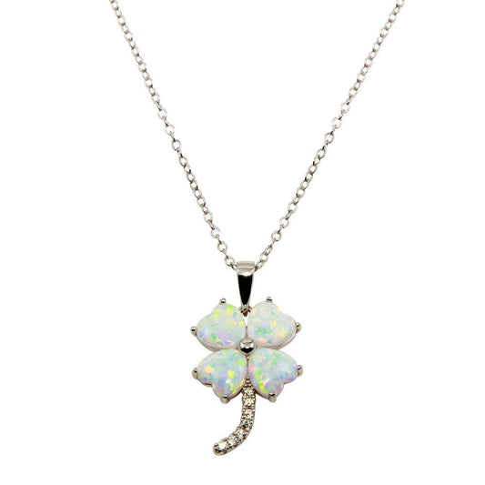 Silver 925 Rhodium Plated CZ Opal Clover Leaf Necklace - BGP01240 | Silver Palace Inc.
