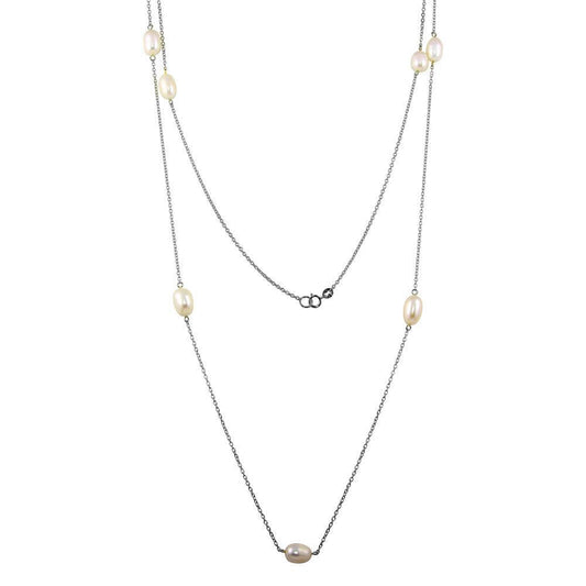 Silver 925 Rhodium Plated Fresh Water Pearls Necklace - BGP01249-RHD | Silver Palace Inc.
