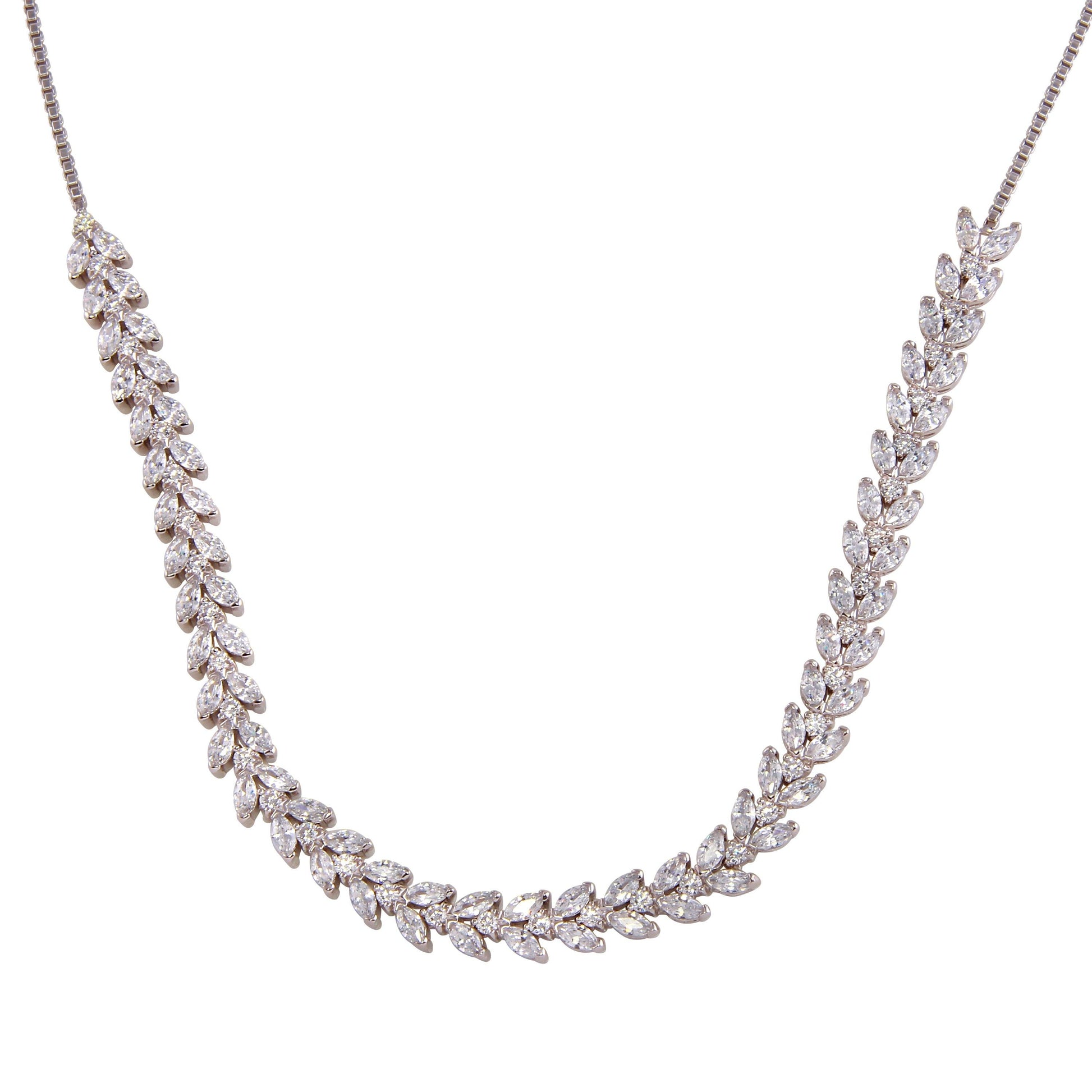 Silver 925 Rhodium Plated Adjustable Leaf Link CZ Necklace - BGP01254 | Silver Palace Inc.