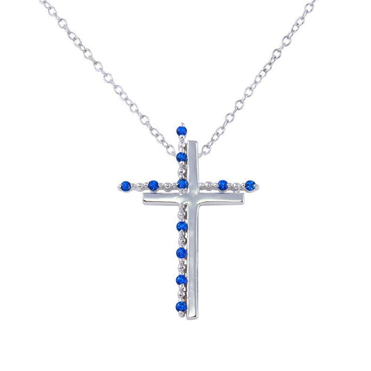 Silver 925 Rhodium Plated Double Cross Pendant with Blue CZ - BGP01272BLU | Silver Palace Inc.
