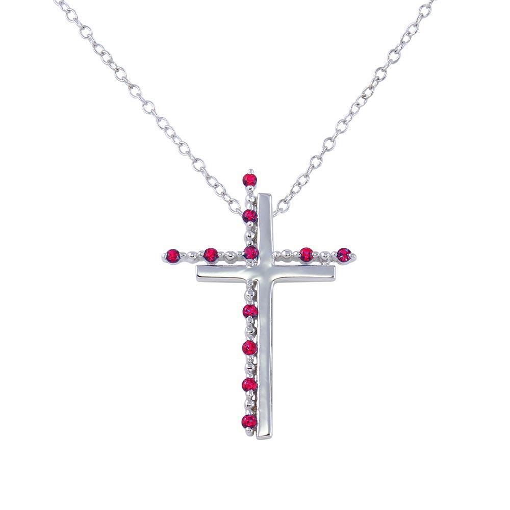 Silver 925 Rhodium Plated Double Cross Pendant with Red CZ - BGP01272GAR | Silver Palace Inc.