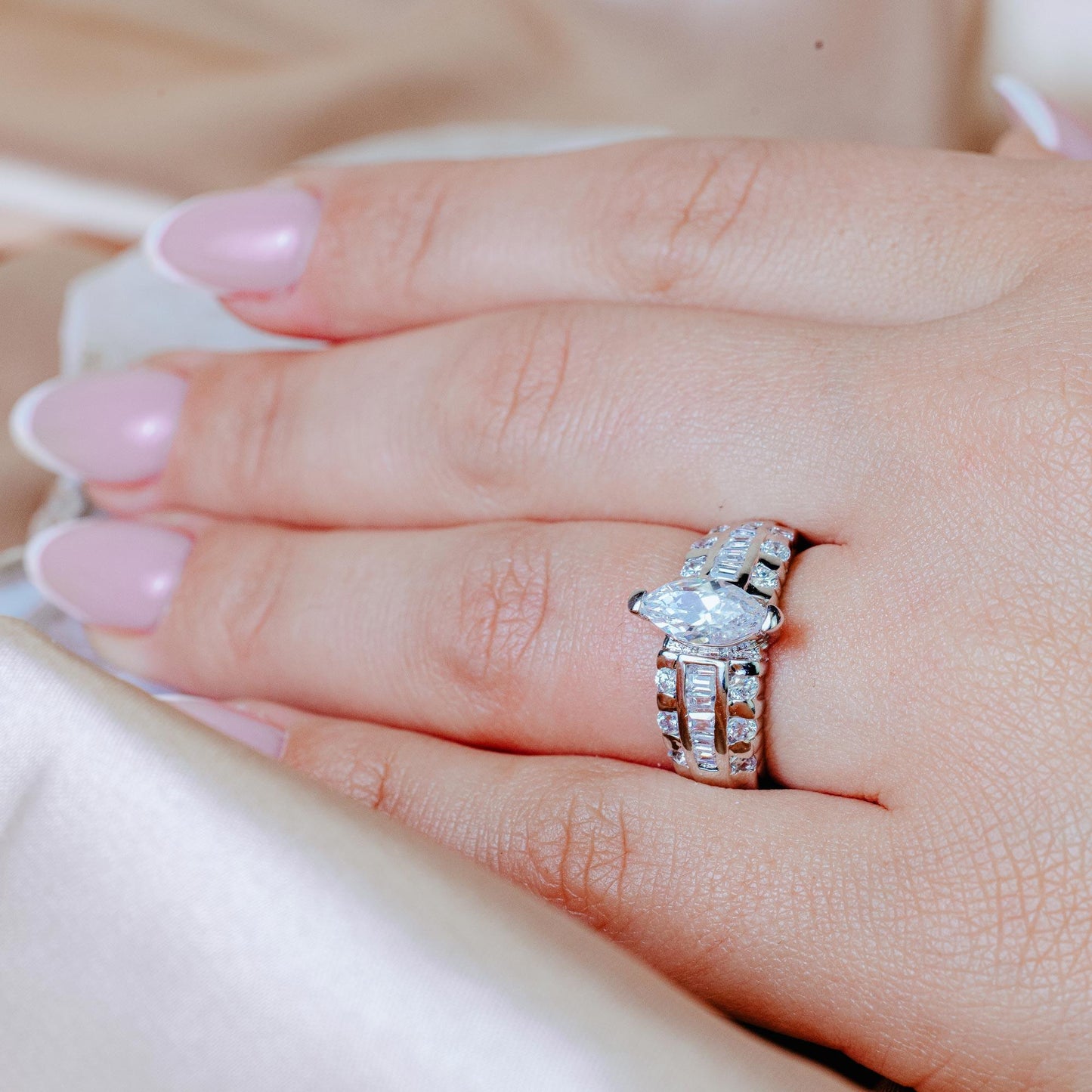 Closeout-Silver 925 Rhodium Plated Clear Marquise Center Channel Set Square CZ Bridal Ring - BGR00010